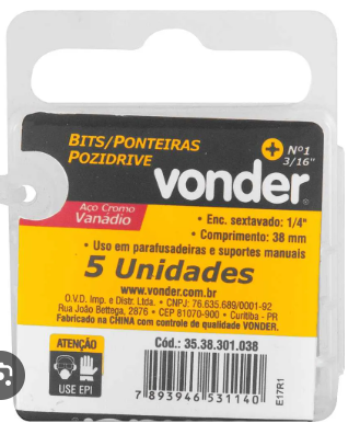 Bits Pozidrive Enc 1/4 Pz1 38MM C/5PC Vonder