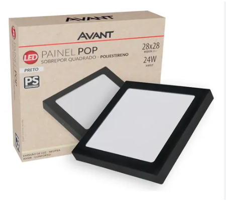 Plafon Preto 24W Sobrepor Quadrado 6500K 30X30 Avant